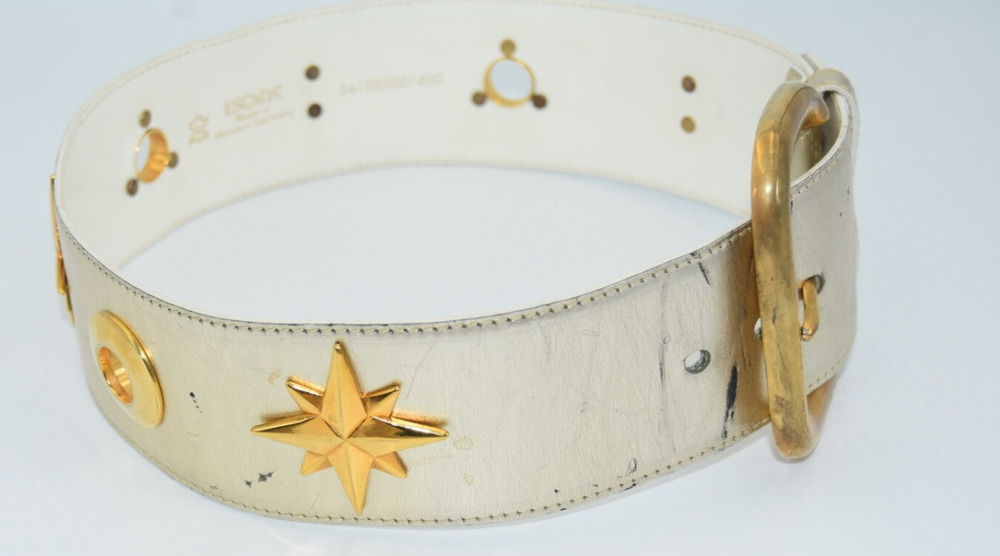 34Vintage Escada Champagne Metallic Gold Star Charm Leather Waist Belt 34